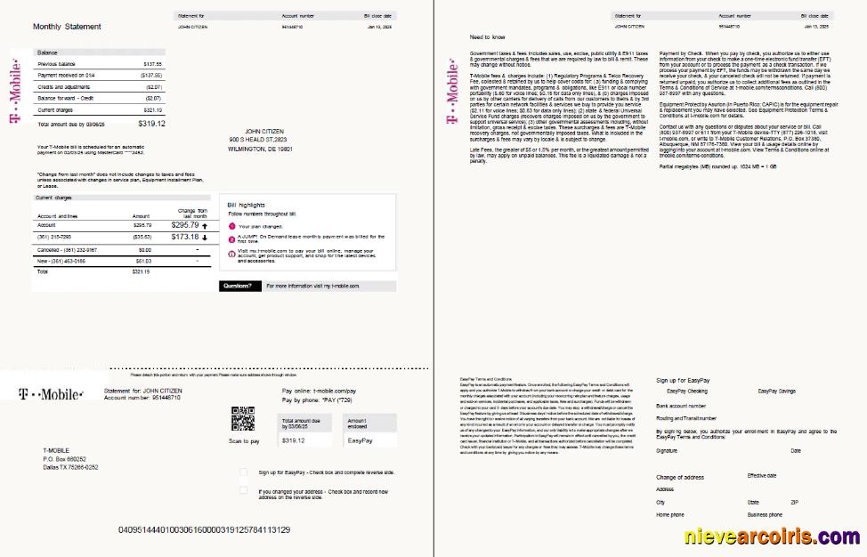 USA T-mobile utility bill, 2 pages, version 2